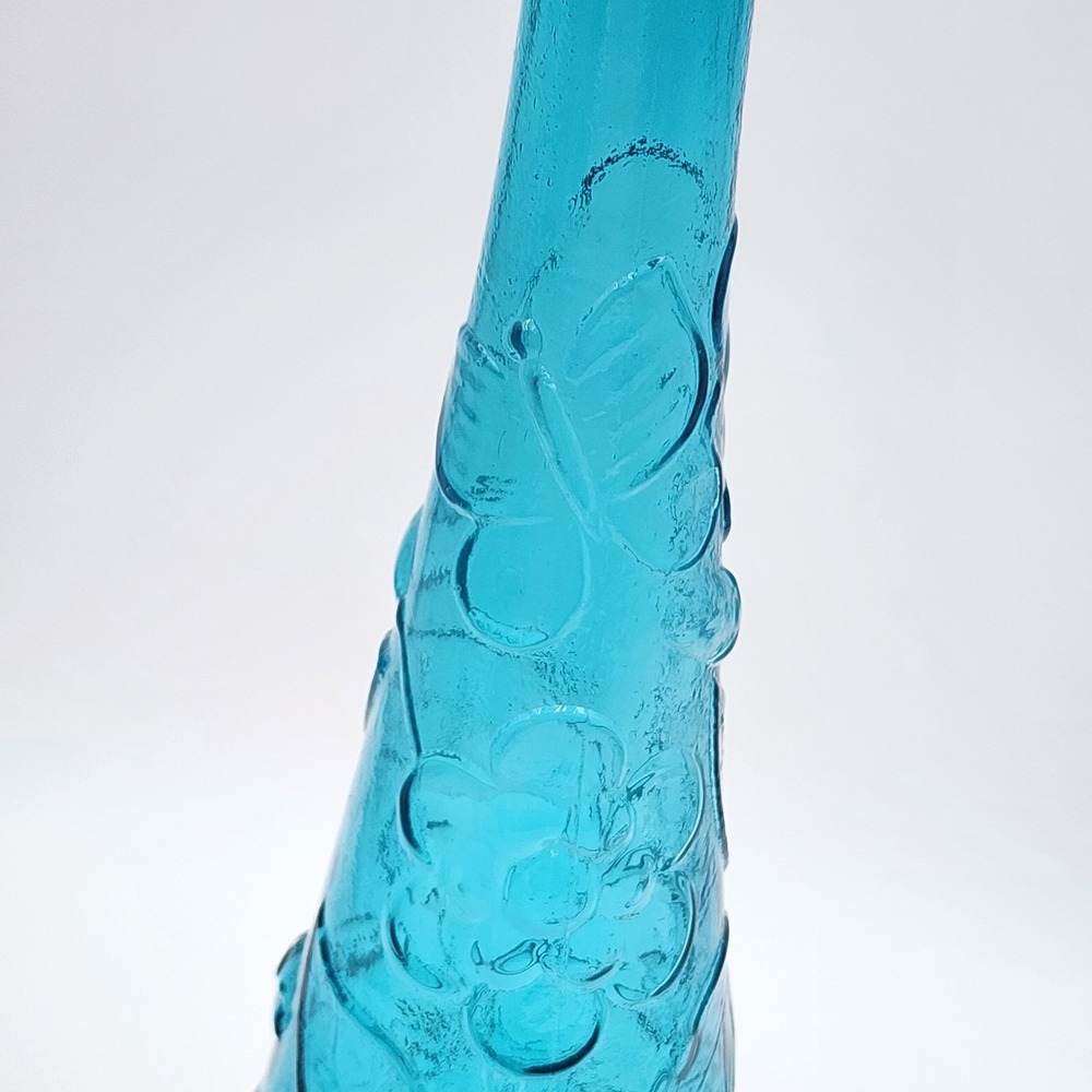 Vintage Empoli Italy Teal Blue Glass Genie Bottle Decanter Butterfly Flowers MCM - Picture 9 of 12